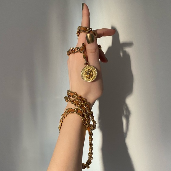 CHANEL Accessories - Chanel Vintage Brown Leather Gold Chain Leo CC Logo Belt Necklace